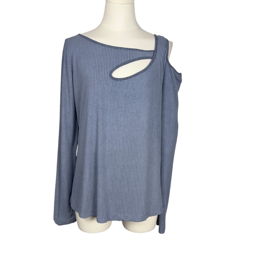 WanderLux Lyon‎ Long Sleeve Blue Ribbed Peek a Boo Key Hole Front XL Flirty Tee - Picture 3 of 7